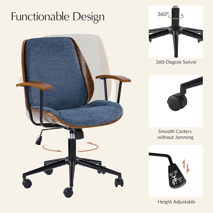 HULALA HOME Solid Wood Office Chair with Tilt Function & Metal Base, Navy | Mid Century Modern Desk Chair with Bent Wood Frame, 360° Swivel Fabric Computer Task Chair, Height Adjustable