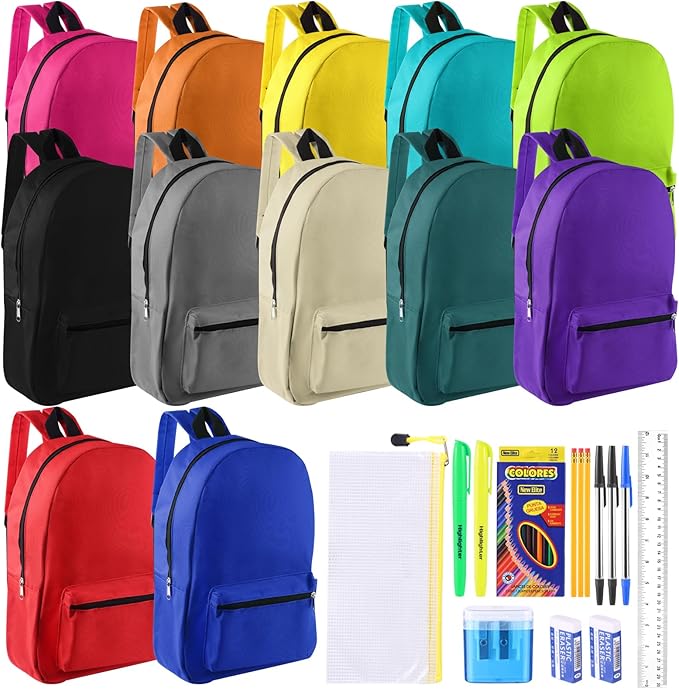 12 Set Bulk Backpacks with School Supply Kit 17 Inch Book Bags in Bulk and Back to School Supplies Stationery Kit for Kids Boy