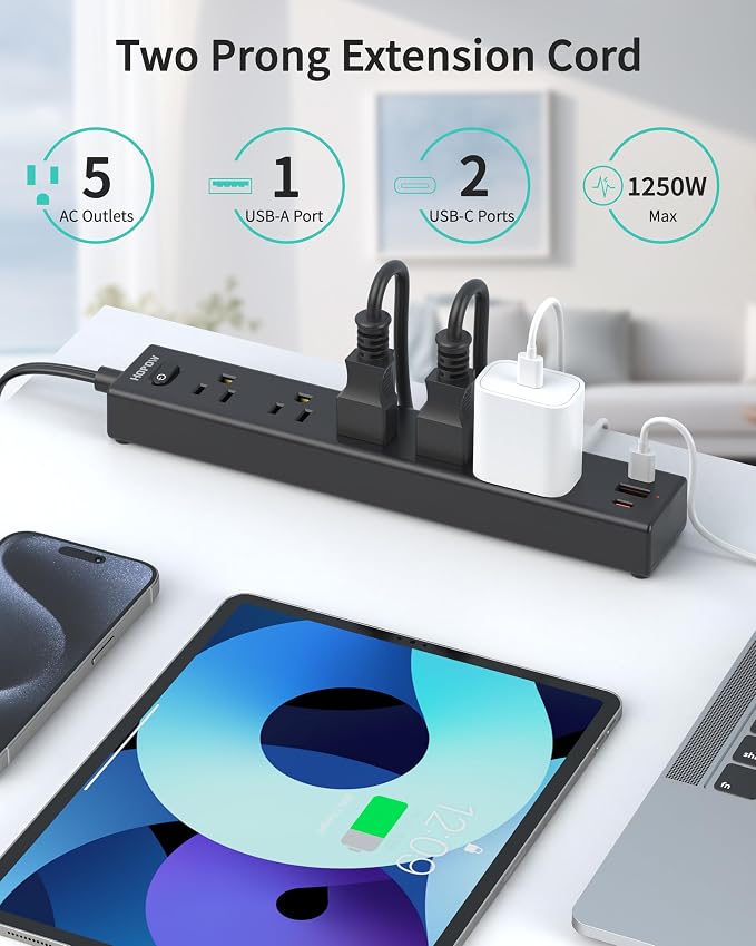 HOPOW 2 Prong Power Strip, 2 to 3 Prong Outlet Adapter with Polarized Plug, 1700J Surge Protector, 6ft Two Prong Extension Cord, 5 AC Outlets & 3 USB(5V 3.4A Max), Wall Mount for Non-Grounded Outlet