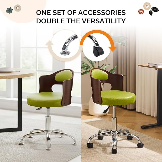 VINGLI Armless Home Office Desk Chair, Adjustable Swivel Chair,Dual-Use with/no Wheels,Small Retro Designed Walnut Curved Task Chair,Cushioned Nail Tech Chair for Study Area,Workspace,PU,Grass Green