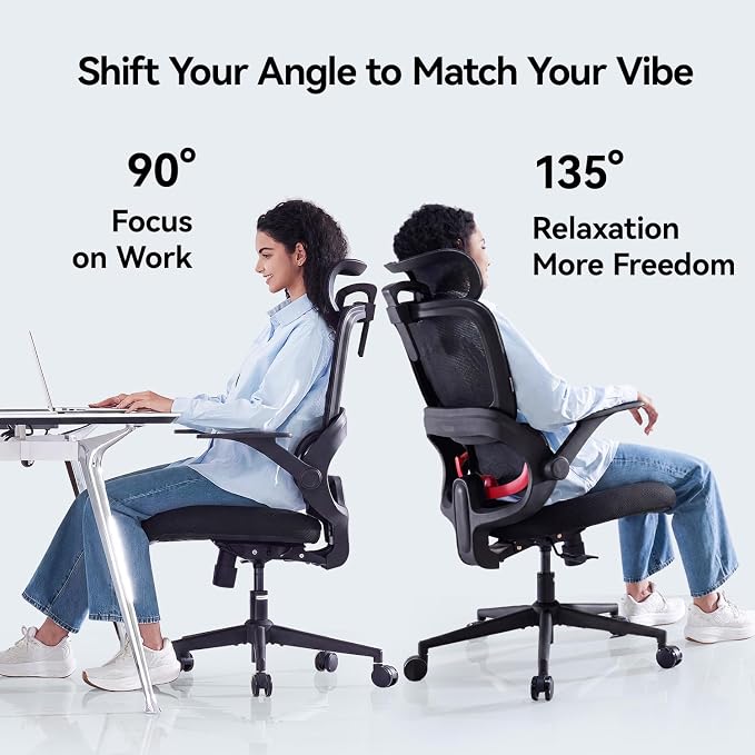 SIHOO B100 SE Office Chair, Desk Chair with Adaptive Lumbar Support & 2D Flip-up Armrests, 135° tilt Soft Memory Foam Erogonomic Chair for Home Office,Hold 300 LBS-Jet Black