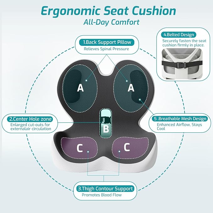 Trucker Seat Cushion, Thick Car Seat Cushions with Lumbar Support Pillow, Ergonomic L-Shaped Orthopedic Memory Foam for Long Driving Lower Back Pain Sciatica Relief, Gift for Drivers (Black+LGrey)