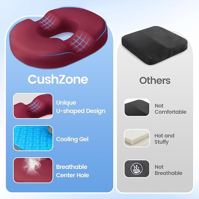 Donut Pillow Seat Cushion, Cooling Gel Memory Foam Chair Cushion, Red | Office, Home & Car Seat Cushion, Butt Pillow for Tailbone Pain Relief, Hemorrhoids and Everyday Sitting Comfort