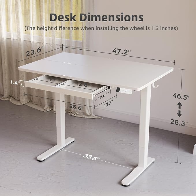 YDN Electric Standing Desk 48 x 24 Inch with Drawer White | Industrial steel frame supports 176 lbs, 28.3 to 46.5 inch height range, quiet 45 dB motor, 25.6 x 12.6 inch storage drawer