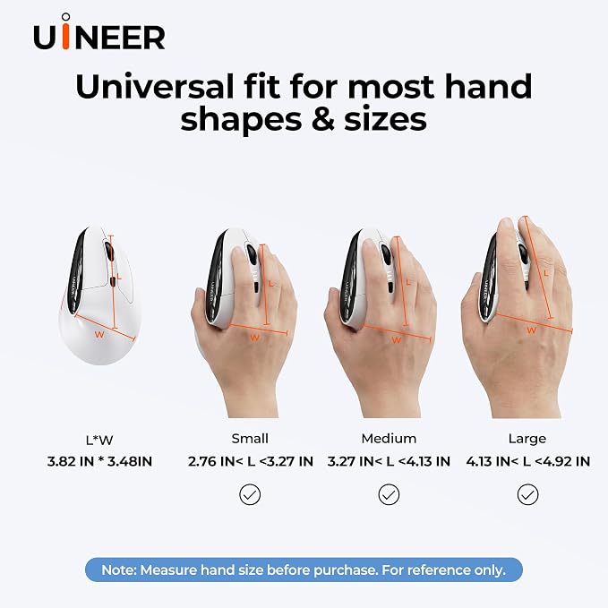 Uineer Ergonomic Wireless Vertical Mouse, Tri-Mode Bluetooth 5.0/4.0 and 2.4G USB, Rechargeable Silent Computer Mouse for Laptop, MacBook, iPad and PC, 4 DPI Levels, LED Light, 3-Device Switching