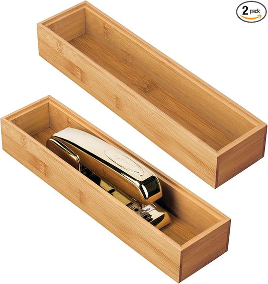 mDesign Slim Wooden Bamboo Drawer Organizer for Office - 12" Long Stackable Storage Box Tray for Desk Drawers/Cabinet - Junk Drawer and Accessories Organization - Echo Collection, 2 Pack, Natural Wood