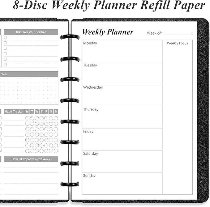 (2-Pack) Weekly Planner Undated Refills - Junior Size 106 Sheets/212 Pages Weekly Planner for 8-Disc Discbound, 100 gsm White Paper, Lasts 1 Year, Undated, 5.8" x 8.3", Black