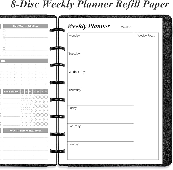 Weekly Planner Undated Refills - Junior Size 53 Sheets/106 Pages Weekly Planner for 8-Disc Discbound, 100 gsm White Paper, Lasts 1 Year, Undated, 5.8" x 8.3", Black
