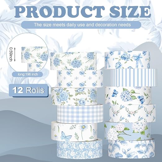 12 Rolls Watercolor Floral Washi Tape Set 15 mm Vintage Flower Decorative Masking Tape for Summer School Arts DIY Craft Scrapbook Journal Supplies Gifts(Blue,Rose)