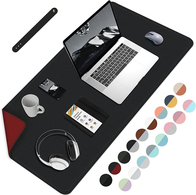 Double-Sided Office Desk Mat, Large Mouse Pad, Waterproof PU Leather Protective Pad, Laptop Desk Pad, Dual Use Cover Protector for Office/Home Keyboard (Red+Black, 31.5''×15.8'')