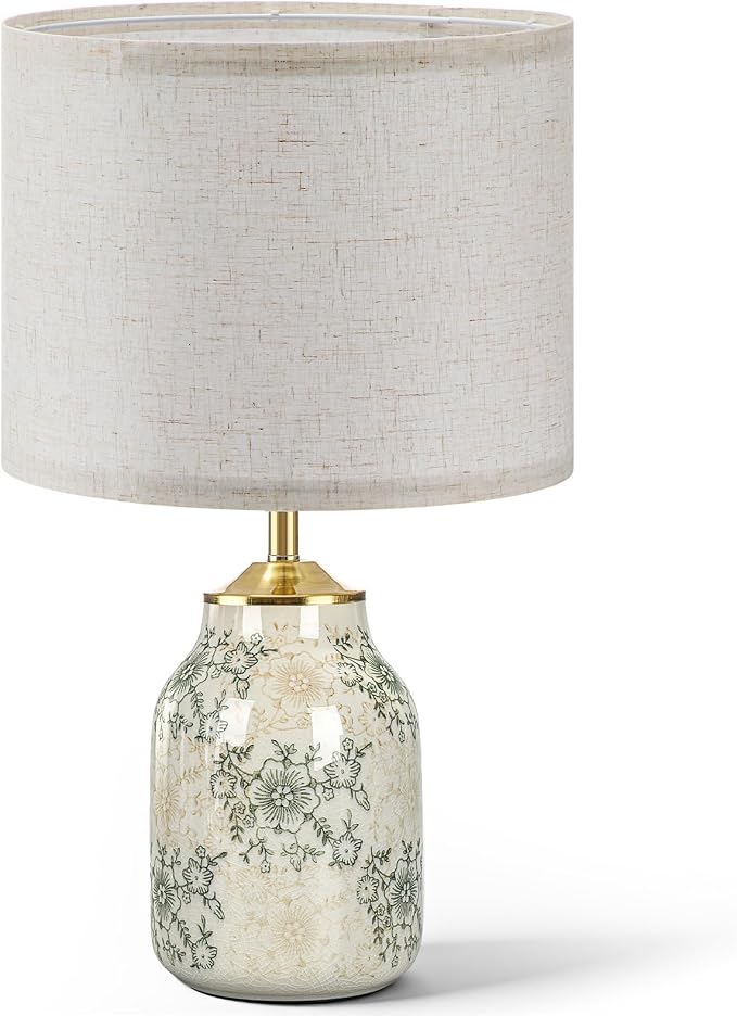 Tellingyou 1 Pcs 21" Farmhouse Green Ceramic Lamp with Beige Linen Shade Vintage Table Lamp Ice Cracked Chrysanthemum Floral for Bedroom Living Room Office Dorm Desk Table Rocker, Bulbs Not Included