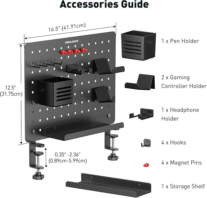 Clamp on Desk Pegboard 16.5"x12.6", Black Heavy Duty Steel Desktop Organizer with 4 Magnet Pins, No-Drill Metal Peg Board Mount for Office & Gaming, Horizontal/Vertical
