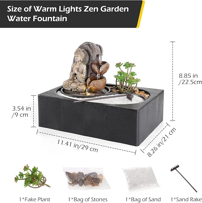 Dyna-Living Water Fountains Indoor Small Tabletop Water Fountain Waterfall Fountain with Zen Garden LED Warm Light Buddha Fountains Indoor for Home Zen Room Decor