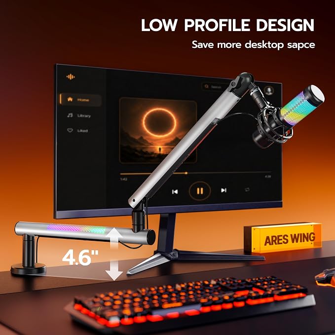 ARES WING Aluminum Low Profile Mic Arm with RGB Light, Adjustable Microphone Boom Arm with 4.4 lbs Load Capacity, 3/8” to 5/8” Screw Adapter, Desk Mount Mic Stand for Gaming Streaming Podcasting