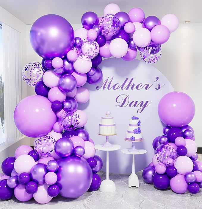 Purple Balloons Garland Arch Kit, 132pcs Graduation Balloon Arch Kit with Different Sizes Pastel Dark Purple Metallic Purple Balloon & Confetti Balloon, for Graduation Decorations, Wedding, Birthday