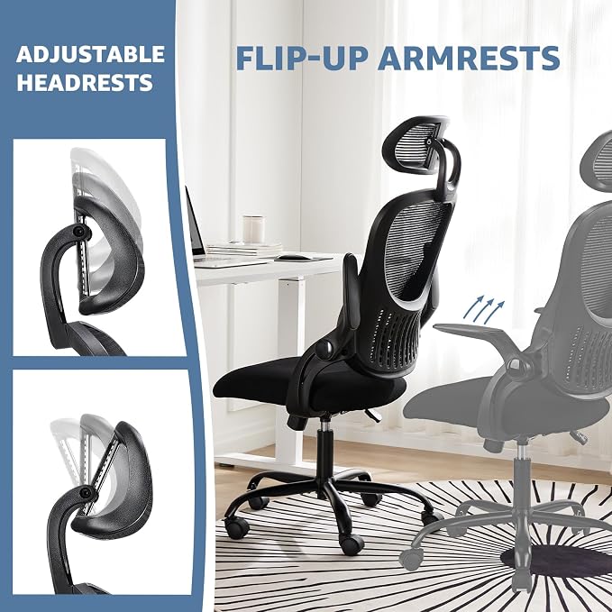 DUMOS Ergonomic Office Chair – High Back Mesh Computer Chair with Lumbar Support, Headrest, Flip-up Arms, and Swivel Wheels – Comfortable Gaming & Desk Chair for Home Bedroom Office,Black