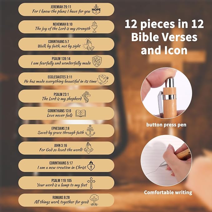 Bible Verse Pens 25 Pcs with 12 Christian Pens & 12 Refills & 1 White Pen Holder Bamboo Retractable Ballpoint Pens Inspirational Quote Pen Religious Gifts for Men Women