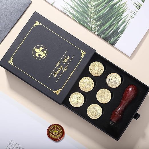 Wax Seal Stamp Hot Stamping Gift Box Set, 6 Pcs Sealing Wax Stamps Copper Seals 1 Wooden Hilt, Wax Stamp Kit for Cards Envelopes, Gift Packaging