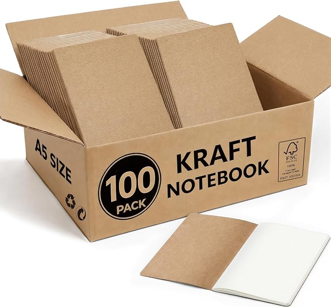 100 Pack Blank Kraft Notebooks A5, Wholesale Bulk Unlined Journals, 80gsm FSC-Certified Paper, 60 Pages, 8.3x5.5 Inches, Softcover Composition Notebooks for School Office Events