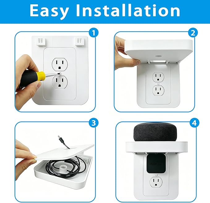 Outlet Shelf Wall Holder with Cord Storage, Wall Outlet Shelf Organizer for Bathroom, Kitchen & Bedroom, Plug Shelf for Standard Outlet, Compatible with HomePod Mini, Google Home, Toothbrush & Phone