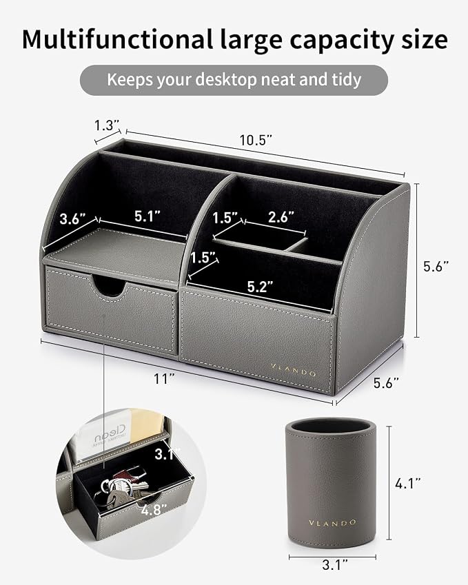 VLANDO 2 Pcs PU Leather Desk Caddy Set with Drawer,Pen Holder | Desk Organizer Set for Home Office,Nightstand Organizer，Office Supplies,Gifts for Men,Gray