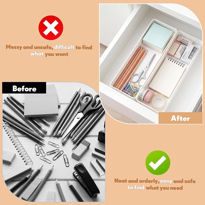 Teling 2 Pcs White Plastic Desk Organizer Tray Shallow Drawer Pencil Tray Tabletop Organizer for Office, Home, or Study 9.45x2.95x1.38 Inch