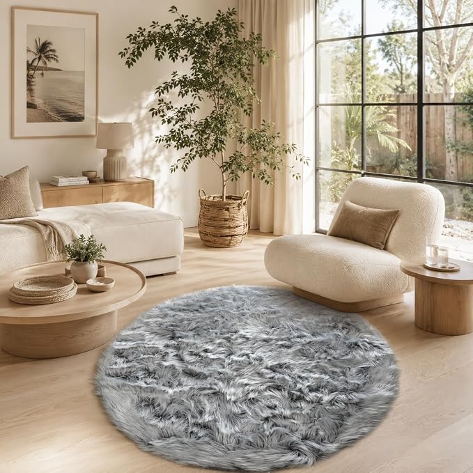 EasyJoy Faux Sheepskin Rug, Fluffy Faux Fur Rug, Ultra Soft Shag Area Rug with Non-Slip Backing for Bedroom, Living Room, Nursery, Kids Room(4 x 4 ft Round, Frosted Bottom Gray)
