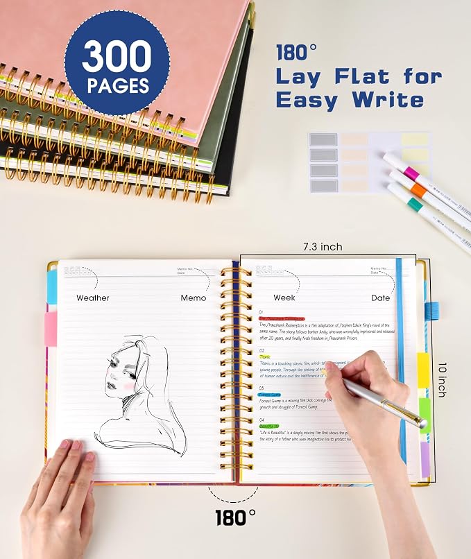 Hardcover Spiral Notebook Journal with Removable Dividers Tabs, 300 Pages 5 Subject Notebook College Ruled, 100GMS Notebooks for Work School Note Taking,Lined Journal for Women,Colorful Feather