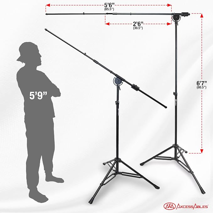 AxcessAbles AXCMB-T Heavy Duty Microphone Boom Stand with Weighted Tripod Base | 80.5-inch Height Overhead Mic Stand | 65.5-Inch Boom Arm Stand | Shotgun Video Mic Stand | All Metal Construction