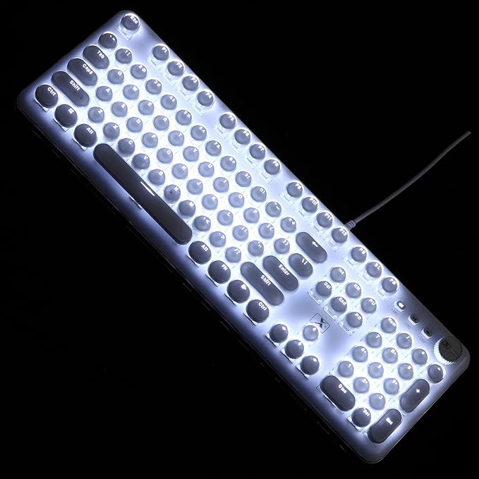 Gaming Keyboard with Retro Punk Typewriter Style. Blue Switch, Stylish White Backlight and White Mechanical Keyboard, Wired USB-A. for Game and Work.