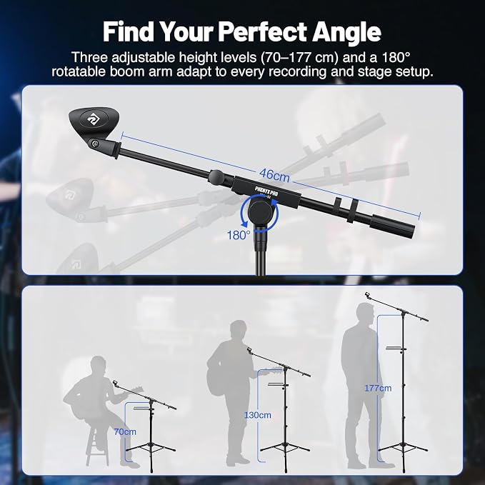 PHENYX PRO Microphone Stand with 22x16cm Large Tray, Adjustable Stand Height, Dual Mic Clips & Carrying Bag, Ideal for Live Streaming, Recording, and Speeches （MA-S1）
