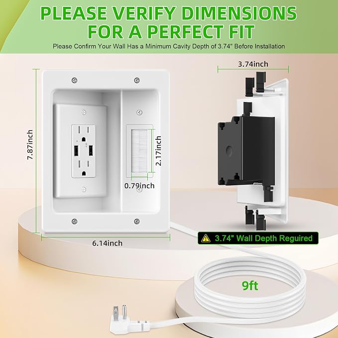 in Wall Cable Management Kit with Brush Wall Plate,AC Outlets & USB-a Ports,9ft Cord,Hide Cords Recessed Wall Outlet for TV Cable Management,HDMI Cables and Home Theater Systems