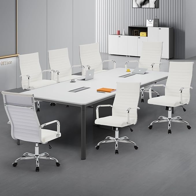 Office Chair, Ergonomic Executive Conference Room Chairs, Ribbed Leather Desk Chair with Lumbar Support, Adjustable Height Mid-Back Swivel Chair with Padded Seat