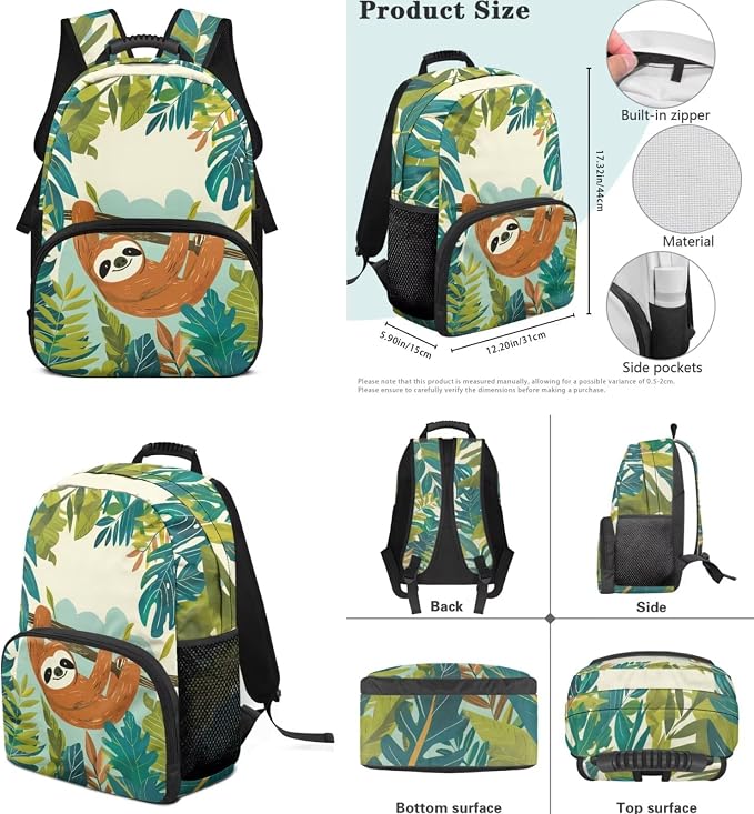 ZFRXIGN Tropical Sloth Teen Girls Backpack for School with Pendant 4pc Backpack Set for Teen Boys Bookbag and Insulated Lunch Box Pencil Case Back to School Stuff