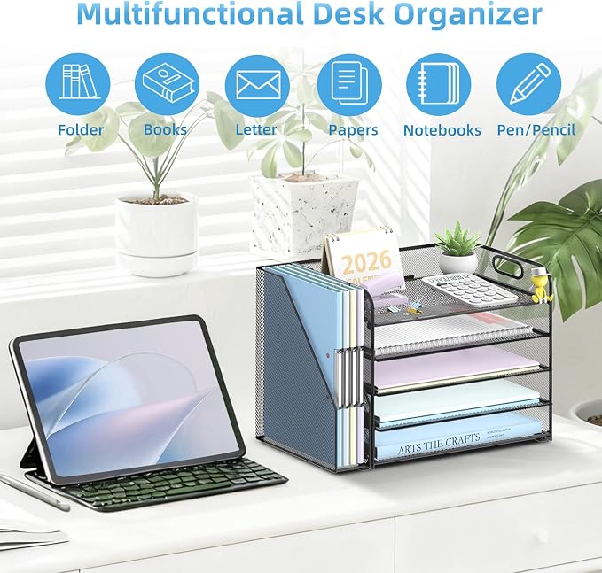 5-Tier Desk Organizer with File Holder, Paper Organizer for Desk, Black | 5 Letter Trays and Vertical File Holder with Metal Mesh Frame for Papers Folders Books and Mail in Office Home or School