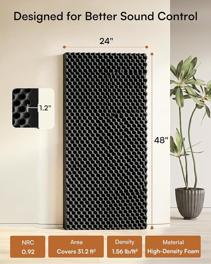 SODOCT 4 Pack Large Egg Crate Acoustic Foam Panels, 48 x 24 x 1.2 Inches High Density Sound Proof Foam for Walls, Professional Sound Absorbing Studio Panels for Home Theater, Recording (Black)
