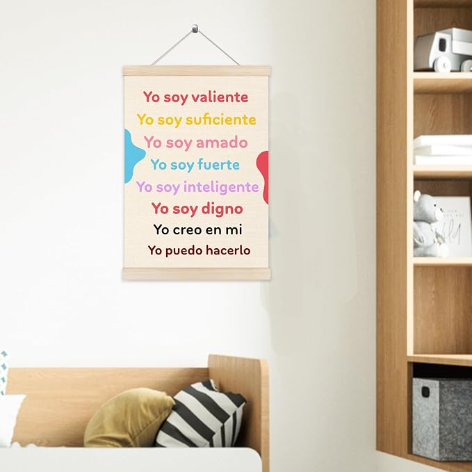 Welshower Boho Spanish Classroom Poster Hanger Frame, Yo Soy Valiente Motivational Inspirational Quotes Wall Art Prints Decor for Classroom Kids Room Nursery Playroom, 12x16 Inch