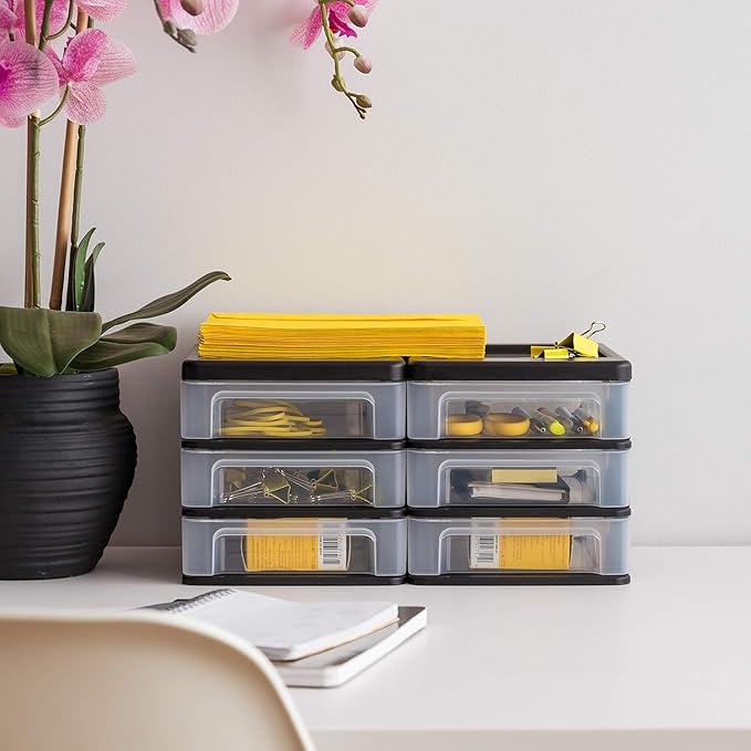 IRIS USA 4-Pack, 3-Drawer Small Plastic Stacking Desktop Organizer, Black | Organize office supplies, stationery, makeup, craft materials and everyday essentials for neat desktop storage