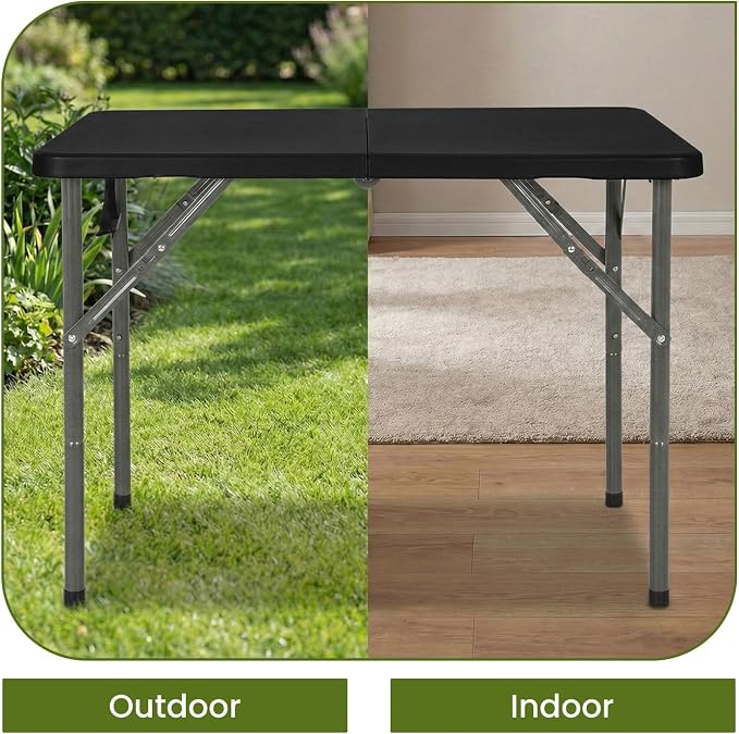 FDW 34" Square Plastic Folding Card Table, Portable Fold-in-Half Plastic Picnic Party Table with Carrying Handle, Black
