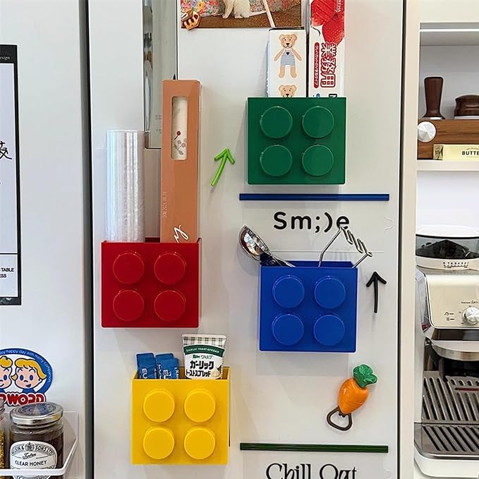 Magnetic Basket Organizer for Fridge - Lego-Style ABS Plastic Storage Box,No Drill Design for Kitchen Counter, Microwave & Whiteboard, Holds Up to 3.5 lbs (Yellow)
