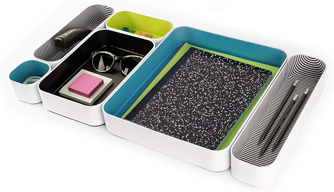 Three by Three Seattle Metal Drawer Organizer Tray Set, 6-Pc, 2" (Assorted) | Deep 2" food-safe colorful metal bins; soft non-scratch base; kitchen, vanity, bathroom & office drawer storage