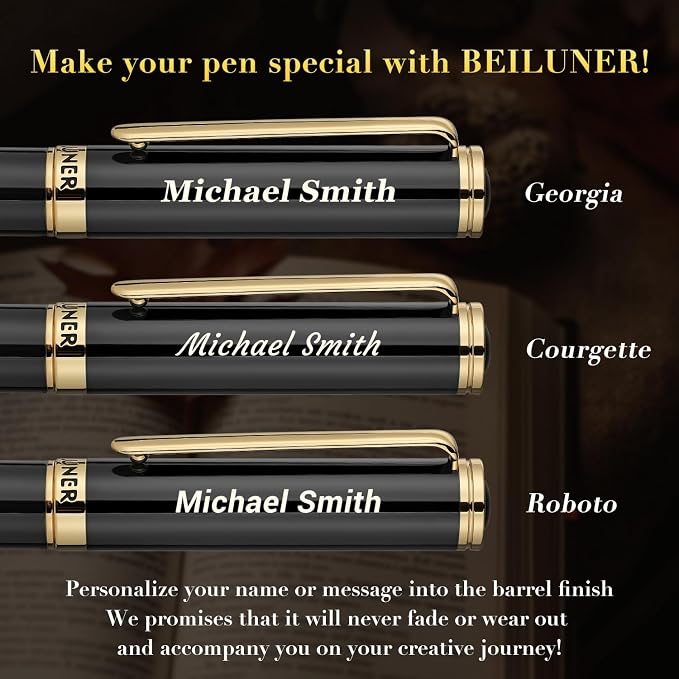 BEILUNER Black Personalized Fountain Pen,Stunning Luxury Lacquer,24K Gilded Nib(Fine),Gorgeous 24K Gold Finish, Ink Converter,Fancy Office Gift for Men&Women-Elegant, Graduation,Nice Pens for Writing