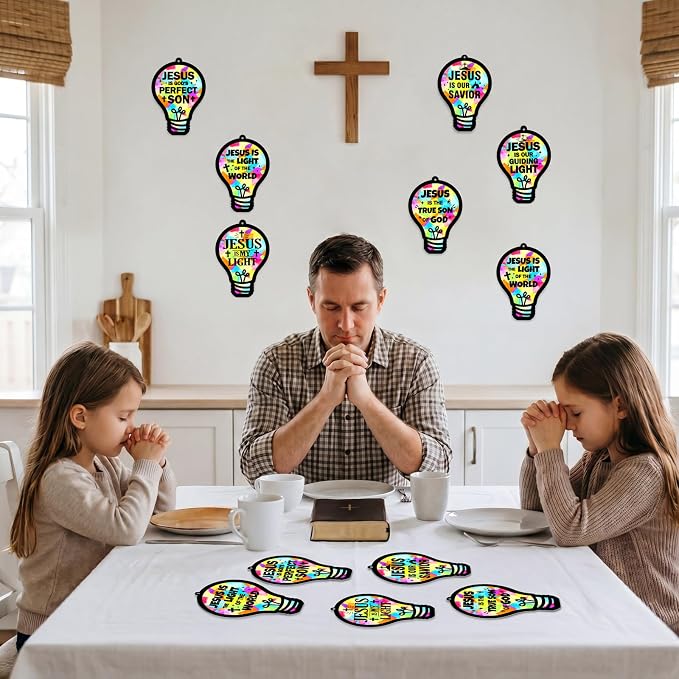 48PCS Sunday School VBS Crafts Bulk: Paper Lightbulb Cross Nativity Suncatchers, Religious Christian Activity DIY Kits Church Decorations, Window Stained Glass Effect Art Supplies(Jesus Style)