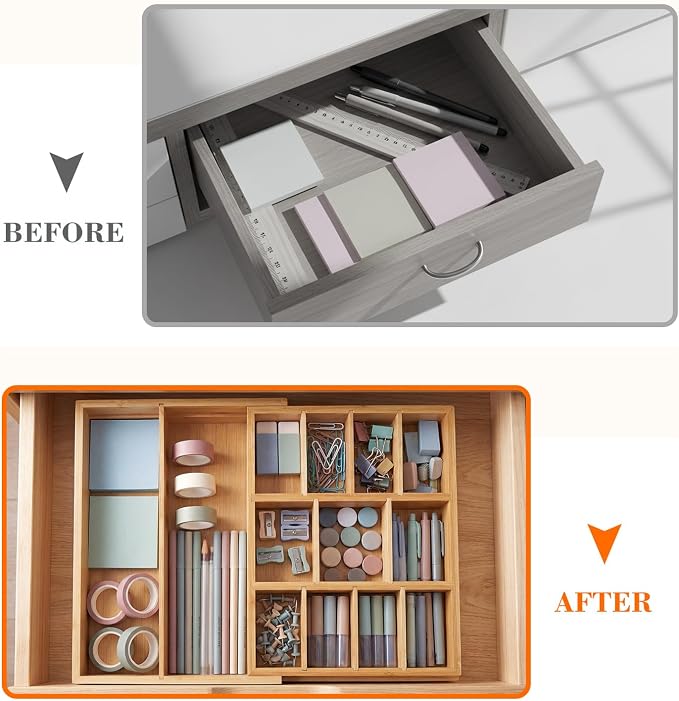 Bamboo Sliding Desk Drawer Organizer 9'' up to 17.9'' x 12'' x 2.2'' Expandable Office Desk Accessories Supplies Tray with 11 Compartments for Pens, Notebooks, Rulers, and Makeup Jewelry Vanity