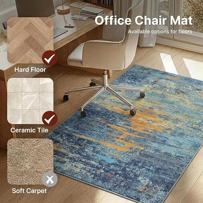 36"x60" Office Chair Mat for Hardwood Tile Floor, Under Desk Carpet Protector for Rolling Computer Chair Mat, Machine Washable Area Rug, Anti-Slip 1/5" Thick Low Pile Thin Vinyl Floor Mat, Blue Orange