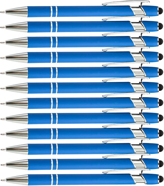 PASISIBICK 12 Pieces Blue Ballpoint Pen with Stylus Tip, 2 in 1 Stylus Stylish Pen, Blue Metal Stylus Pen for Touch Screens, Black Ink, 1.0 mm Medium Point(12 PCS Light Blue)