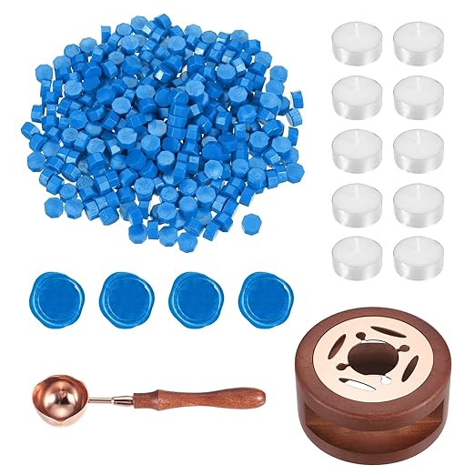 PATIKIL Wax Seal Kit, 300 Pcs Wax Sealing Beads, Wooden Warmer, Melted Spoon, 10 Pcs Tealight Candles for Envelope Letter Mailing Crafts DIY, Dark Blue