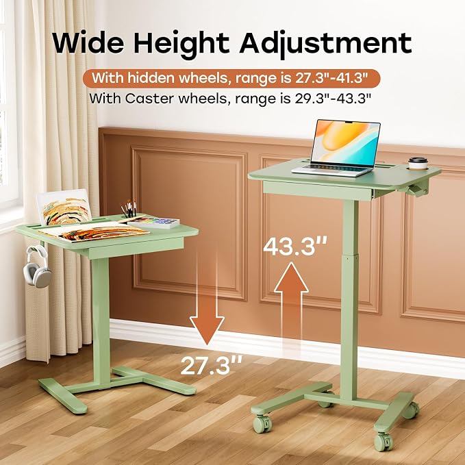Small Mobile Standing Desk with Drawer, 23.6" x 19.7" Top | Height Adjustable Portable Laptop Desk with Wheels & Cup Holder, Sit Stand Computer Workstation for Compact Space, Sage Green
