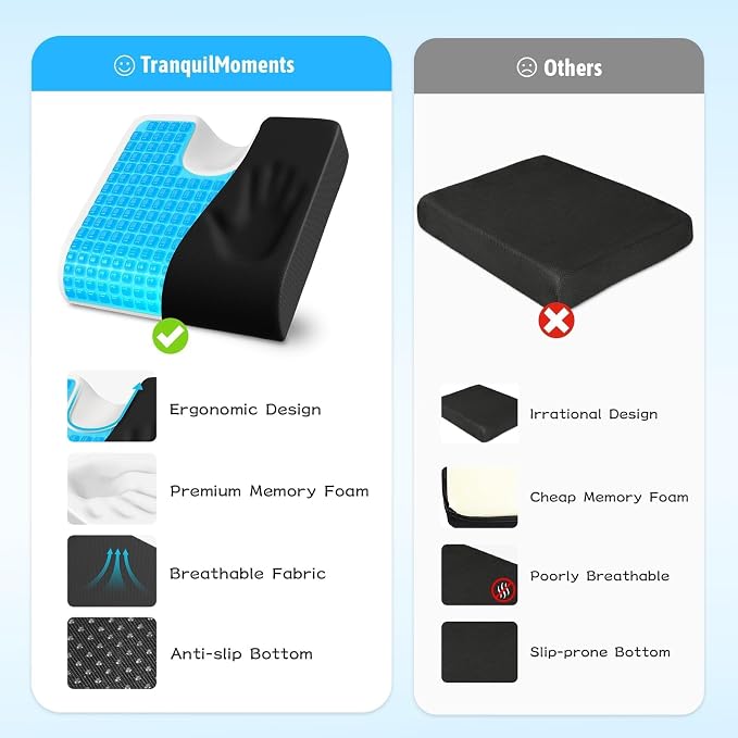 TranquilMoments Seat Cushion, Gel Wheelchair Seat Cushion, Black | Wheelchair Seat Cushion Cooling Gel Memory Foam, Tailbone Pain Relief, Removable Cover & Non - Slip Bottom Chair Cushion