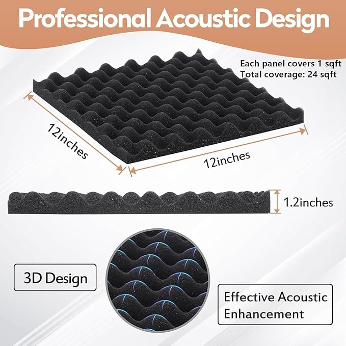 24 Pack Acoustic Panels, 12x12x1.2 Inches Egg Crate Acoustic Foam Panels, Sound Proof Foam Panels Noise Reducing for Walls and Ceiling, Acoustic Wall Panels Sound Absorbing, Soundproof Wall Panels